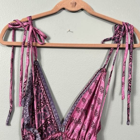 Women’s Silk Maxi Layered Open Back Shoulder Tie Purple Pink Dress OS - Picture 13 of 16